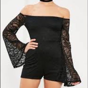 MISSGUIDED PETITE BLACK BARDOT LACE ROMPER